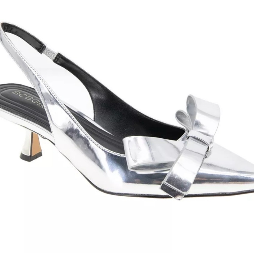 BCBGeneration Metallic Silver Pointed Slingback Kasti Kitten Heel with Bow - Picture 3 of 10